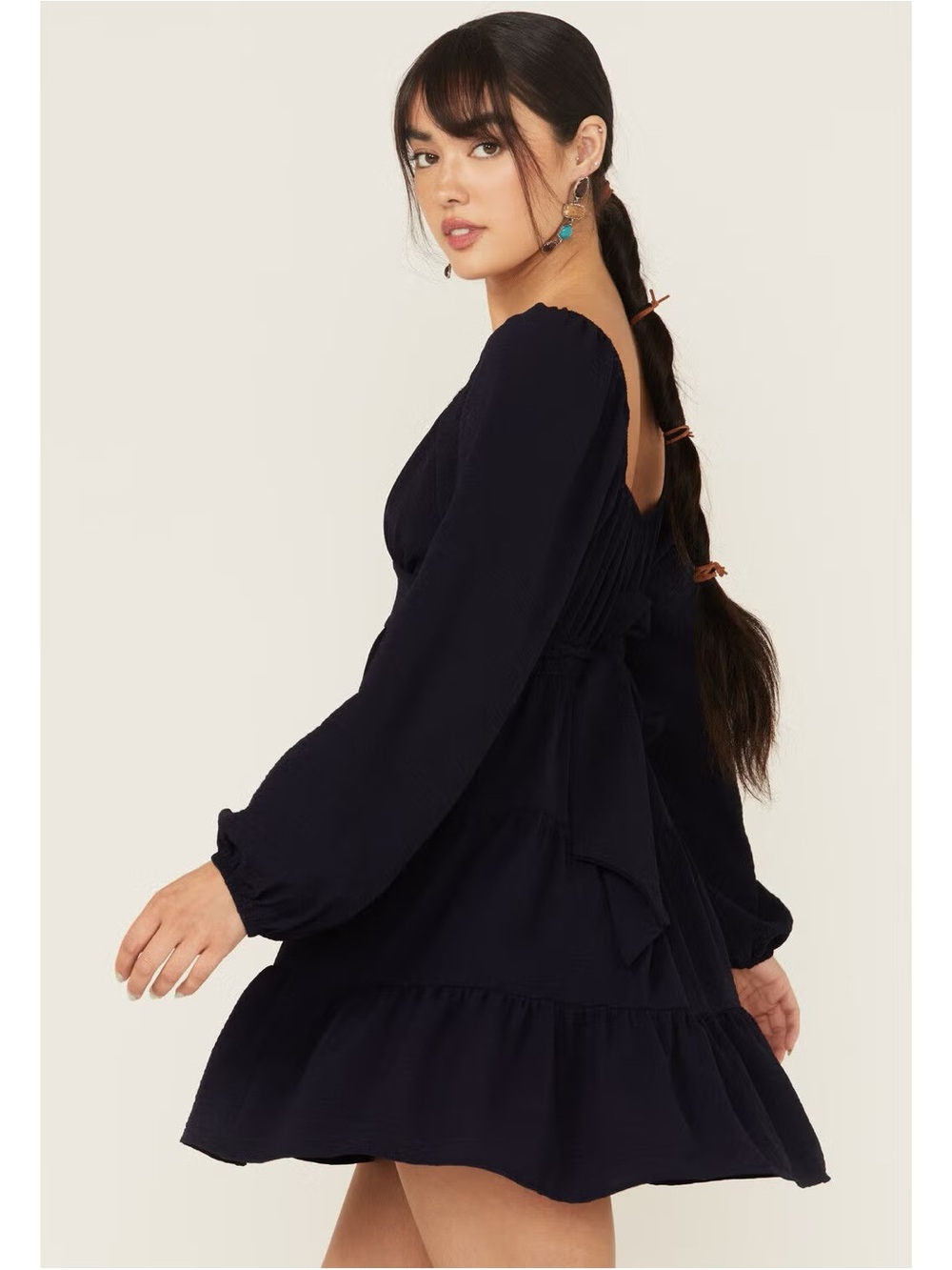 Navy Long-Sleeve Mini Dress with Tie-Back Detail